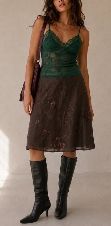 Liz Claiborne Dresses & Skirts - Vintage 90s Liz Claiborne Brown Silk Whimsigoth Embroidered Floral Midi Skirt 10